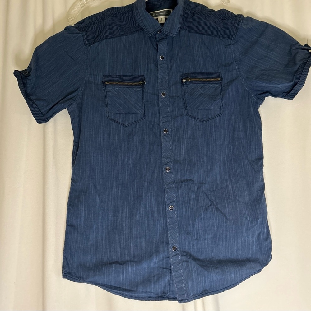INC Men’s Short Sleeve Button Up Shirt Blue 100% Cotton Zip Pockets Size S